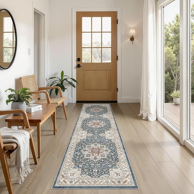 Vintage Hallway Runner Rug 2x6: Large Soft Washable Entryway for Kitchen Laundry Room Non-Slip Backing Runner for Entrance Living Room Bedroom Bathroom - Vintage Blue