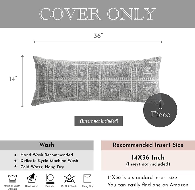 BlissBlush Decorative Lumbar Pillow Cover 14x36, Long Decorative Throw Pillow for Bed, Light Gray Boho Textured Chenille Accent Pillowcase for Bedroom Home Décor (Cover Only)