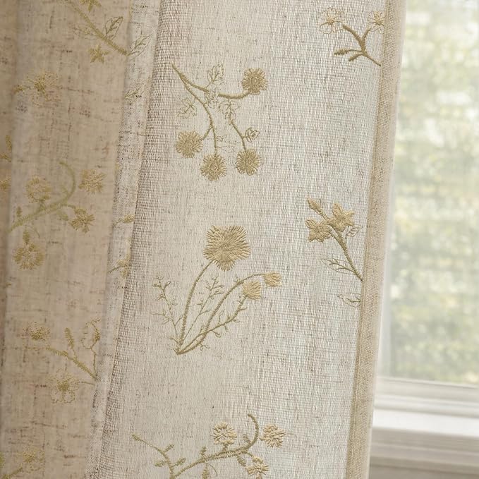 Beige Floral Embroidered Linen Blend Curtains for Bedroom, 84 Inch Light Filtering Spring Farmhouse Vintage Drapes for Living Room Rod Pocket, Set of 2 Panels