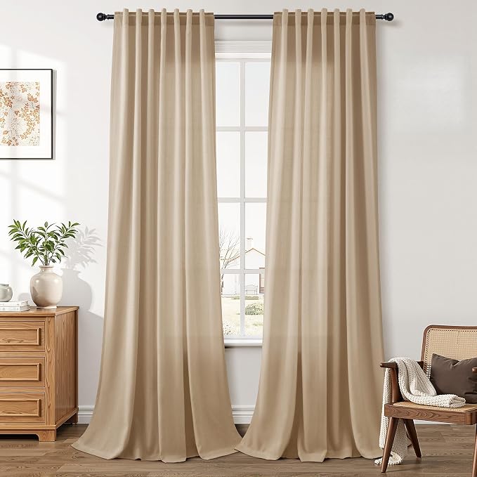 Aersas Sand Beige Linen Curtains 120 Inches Length for Living Room Flax Texture Wave Fabric Semi Sheer with Rod Pocket Back Tab for Bedroom Balcony Light Filtering Neutral Home Decor 52x120