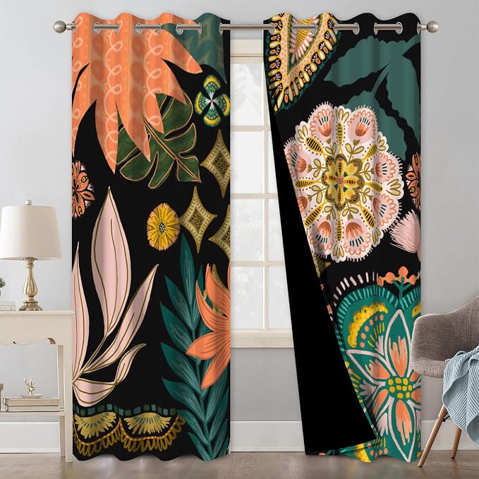 Boho Blackout Curtains 84 Inch Length 2 Panels Set, Farmhouse Floral Black Out Curtains 84 Inch Long with Tiebacks, Room Darkening Thermal Soundproof Bohemian Curtains for Bedroom and Living Room
