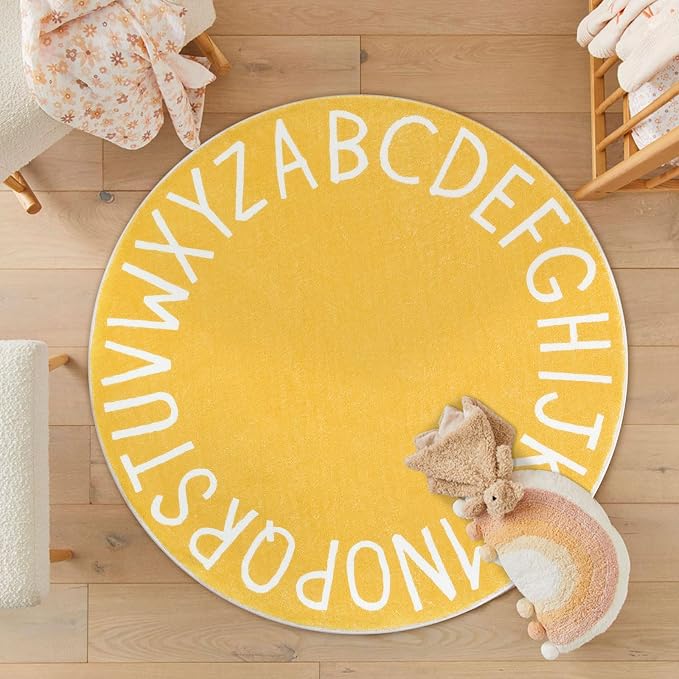 Topotdor Round Kids Play Rug Alphabet Nursery Area Rug Extra Large Soft Crawling Play Mat for Children Toddlers Bedroom (71 inch, Yellow)