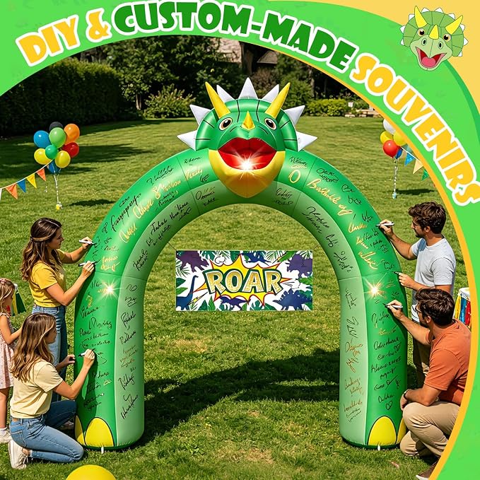 9.5FT Giant Triceratops Inflatable Arch - Dinosaur Birthday Party Decorations for Boys Kids, Dinosaur Day Jungle Theme Photo Backdrop with 1 Blower 2 Banners & 3 LED Lights, Outdoor Yard Blow-Up Decor
