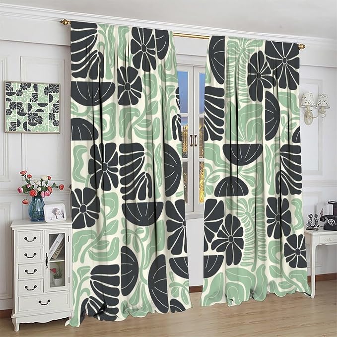 JESTRONRY Mid Century Boho Curtains, Modern Abstract Abstract Geometric Green Floral Pattern Print Blackout Window Door Curtains for Bedroom Living Room Home Decor 42x54in