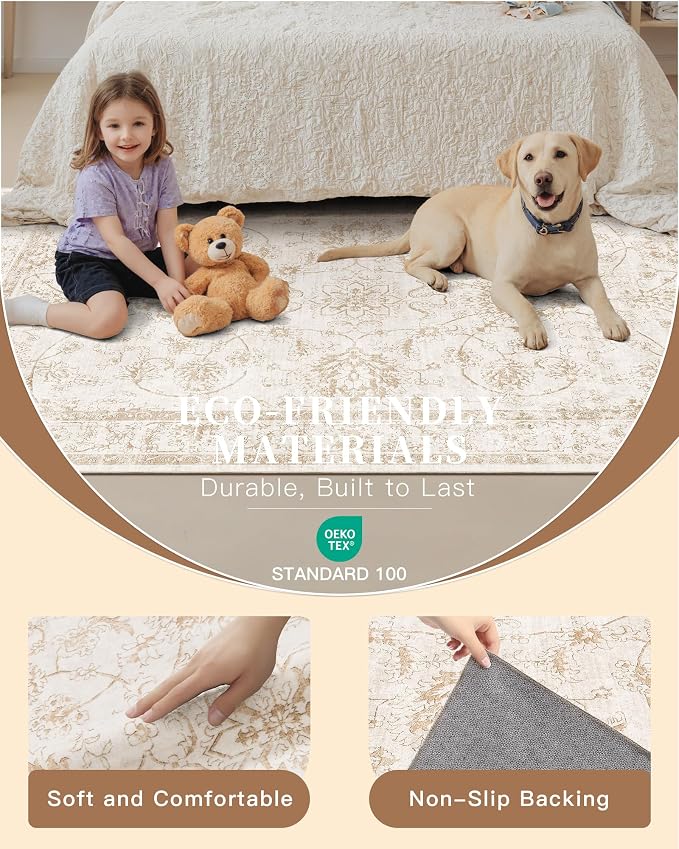 Madane 8x10 Area Rugs for Living Room, Machine Washable Vintage Rug with Non-Slip Backing, Soft Floral Print Large Throw Rugs, Thin Carpet for Bedroom Dining Room Farmhouse (8 x 10, Wood/Ivory)