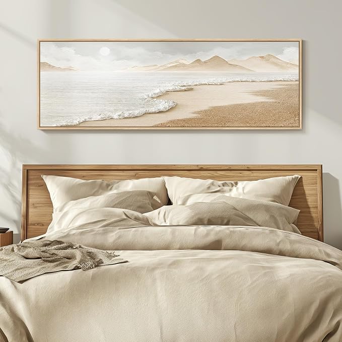 Framed Boho Coastal Beach Wall Art for Living Room, Large Neutral Ocean Canvas Artworks for Walls, Long Horizontal Abstract Minimalist Coastal Art Print for Bedroom Kitchen Office Wall Decor, 16x48 In