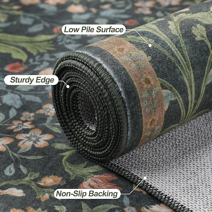Tangsoo Green Washable Entry Rug, 2x3 Small Area Throw Rugs for Entryway Non Slip, Vintage Floral Thin Rug for Kitchen Bedroom, Low Pile Floor Carpet Front Door Mat for Entrance Bathroom Foyer Decor
