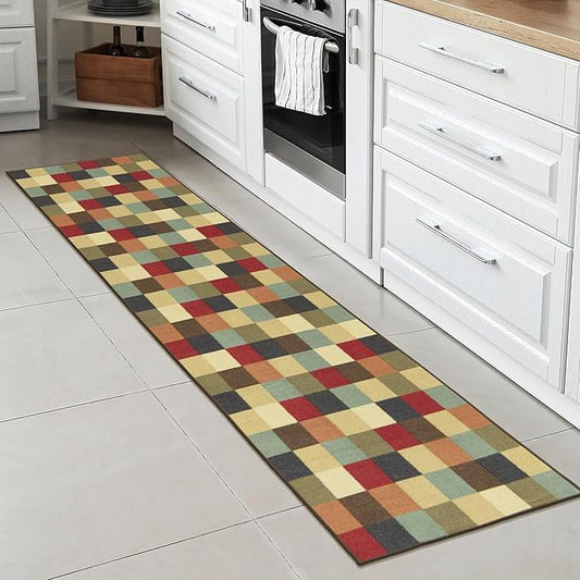 Ottomanson 1'10.5" x 6' Kitchen Runner Rug – Non Slip Stain Resistant Low Pile Kitchen Floor Mat for Sink, Laundry Room, Hallway & Bathroom, Checkered Multicolor