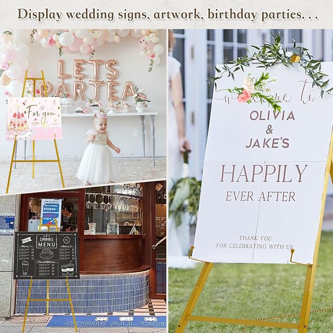 Gold Easel Stand for Sign, 43.5in Heavy Duty | 43.5in height, 4 adjustable tiers, holds 30 lbs, wedding signs, photos, mirrors, tabletop & floor displays, folding metal