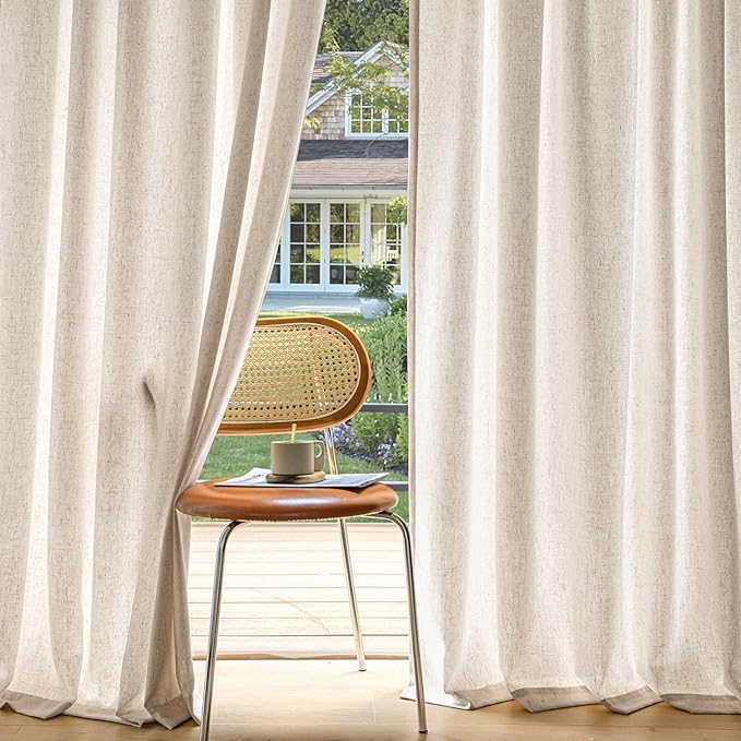 MIULEE Non-See-Through Privacy Linen Curtains 2 Panels, Light Filtering Window Curtains Farn House Textured Back Tab Semi Sheer Drapes for Bedroom Living Room, 52 x 96 Inches Long, Birch