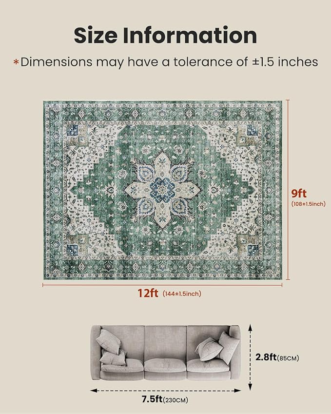 AMADA HOMEFURNISHING 9x12 Area Rug, Washable Low-Profile Large Area Rug with Non-Slip Backing & Durable Edge Binding, Vintage Large Rugs for Living Room, Bedroom