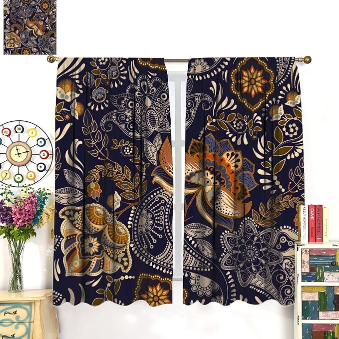 Indian Boho Curtains, Mandala Design Colorful Boho Floral Paisley Curtains, Bedroom Living Room Blackout Decorative Curtains, 2 Panel Set, 63x63 Inch.
