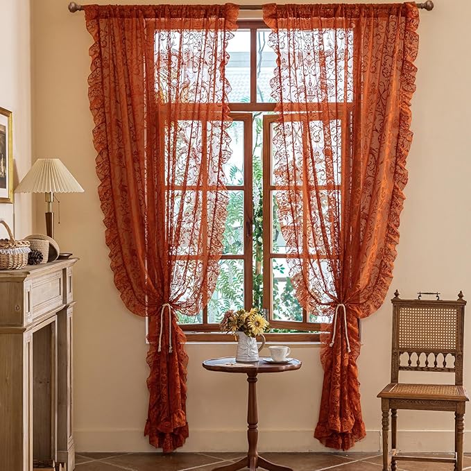 TUDECO Sheer Terracotta Curtains 96 Inches Long - Luxury Embroidered Floral Frilly Ruffle Curtains for Dining Room, Stunning Light Filtering Rod Pocket Thanksgiving Burnt Orange Decor, 59 x 96 Inch