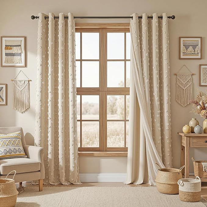 MYSKY HOME Beige Curtains for Bedroom 95 Inches Long Living Room Curtain with Beige Pom Pom Sheer for Dining Room Grommet Double Layer Nursery Curtain Toddler Room Darkening Window Drapes 52 Wide