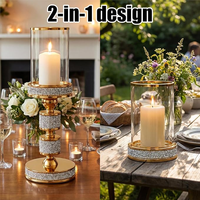 Hurricane Candle Holder, 15.9" Tall Metal Candle Stand, Glass Pillar Candle Holders Crystal Gold Decorative Centerpieces for Table, Wedding and Dining Room (Fits Candles up to 3"x5", 3pcs, S+M+L)