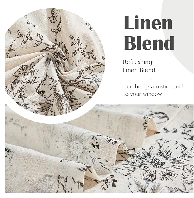 jinchan Linen Floral Tier Curtains 45 Inch Farmhouse Botanic Cafe Curtains Light Filtering Drapes for Small Windows Back Tab Half Window for Kitchen Living Room Bathroom 2 Panels Black