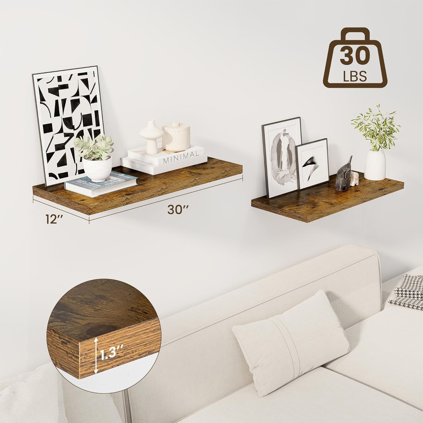 30" Floating Shelves for Wall, 12" Deep Slim Rustic Brown Floating Shelves, Wall-Mounted Shelves for Bedroom, Living Room, Kitchen, Bathroom - Set of 2