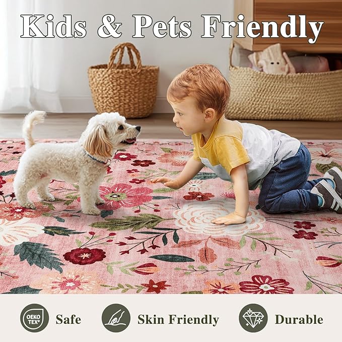 2x4 Washable Runner Rug Kitchen Hallway Area Rug Vintage Boho Floral Ultra Non-Slip Low Pile Soft Faux Wool Carpet Kids and Pets Friendly for Bathroom Bedroom Entryway Nursery Home Rug Dark Pink
