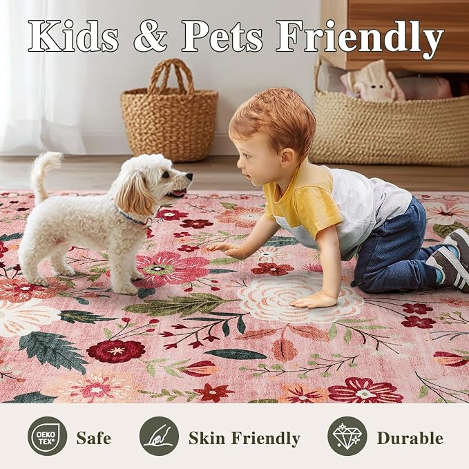4ft Round Machine Washable Area Rug for Living Room, Dark Pink Vintage Boho Floral Rug Non-Slip Low Pile Soft Faux Wool Carpet Kids and Pets Friendly for Bedroom Nursery Farmhouse Home Decor Rug