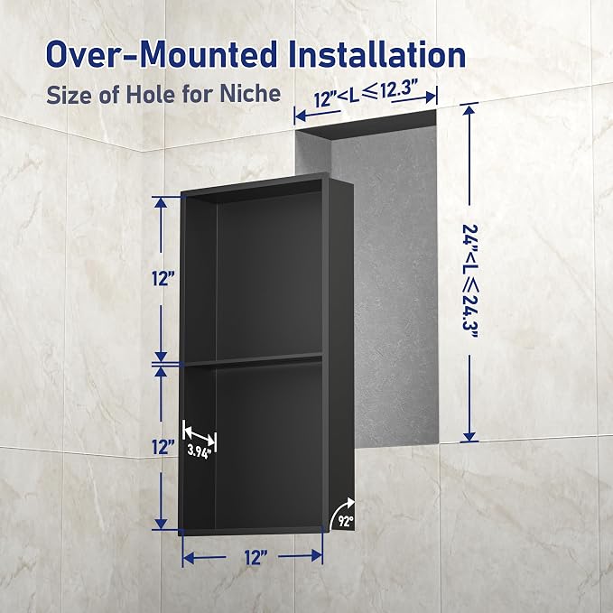Stainless Steel Shower Niche Matte Black 24" X 12" No Tile Needed | Recessed shower niche with double shelves,space-saving,vertical niche, bathroom niche shower for shampoo & soap storage