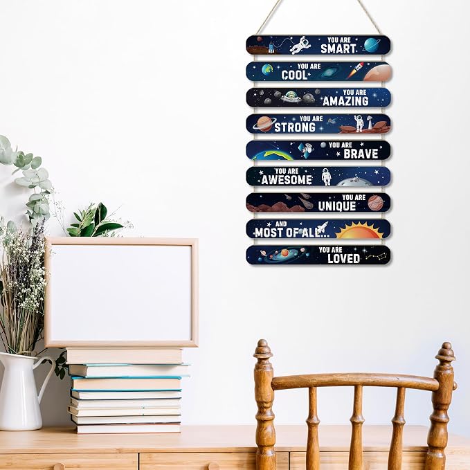 MONALET Space Astronomy Astronaut Inspirational Wall Decor for Boys Kids Room Classroom Playroom Nursery Office, You Are Loved Hanging Wooden Signs, Spaceman Wall Art Wood Plaque 9Pcs 12x19