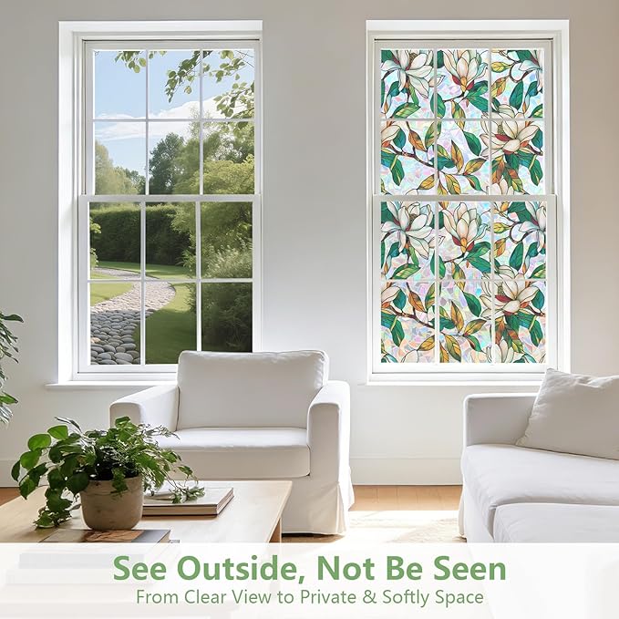 Kromapolis Window Privacy Film, Stained Glass Sticker Floral Window Clings, Decorative Static Clings UV Blocking Colorful Decals, Removable Vinyl Covering White Magnolia Flowers, 17.5'' x 157.4''