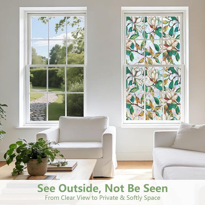 Kromapolis Window Privacy Film, Stained Glass Sticker Floral Window Clings, Decorative Static Clings UV Blocking Colorful Decals, Removable Vinyl Covering White Magnolia Flowers, 35.4'' x 157.4''