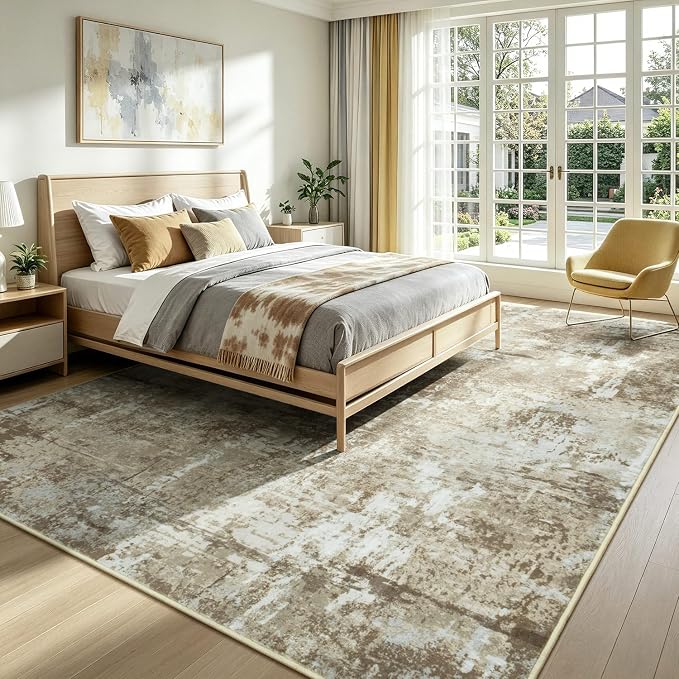 Rugflix 5x7 Area Rugs for Living Room, Washable Large Rug Stain-Resistant Low Pile, Modern Carpet for Dining Room Home Office Kid Room Nursery Bedroom, Brown