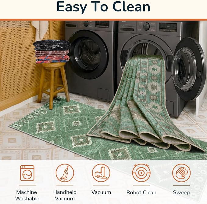 BESTSWEETIE Area Rug 6x9 Rug Machine Washable Rug Non-Slip Low Pile Print Pattern Western Rug for Living Room Bedroom Entryway Tribal Series -Sage