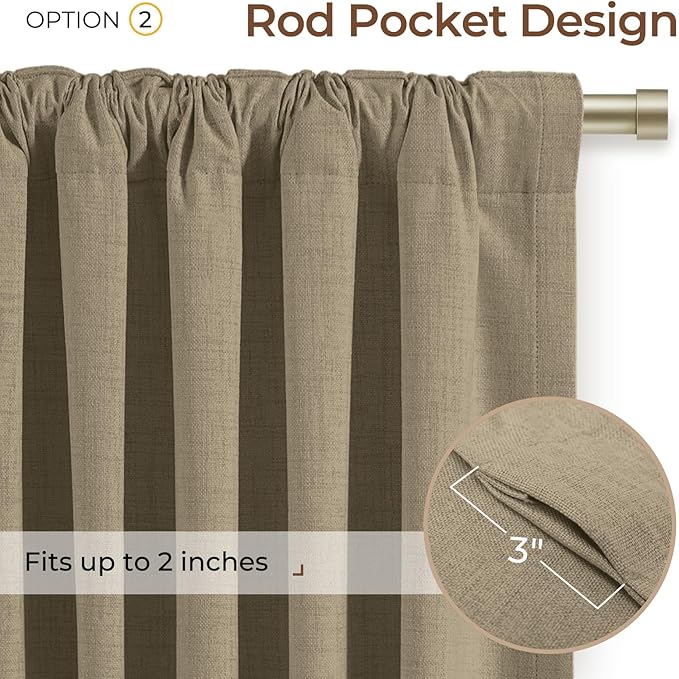 INOVADAY 100% Blackout Curtains 90 Inches Length 2 Panels Set, Back Tab/Rod Pocket Linen Black Out Curtains for Bedroom, Thermal Insulated Window Drapes - Earthy Beige, W50 X L90