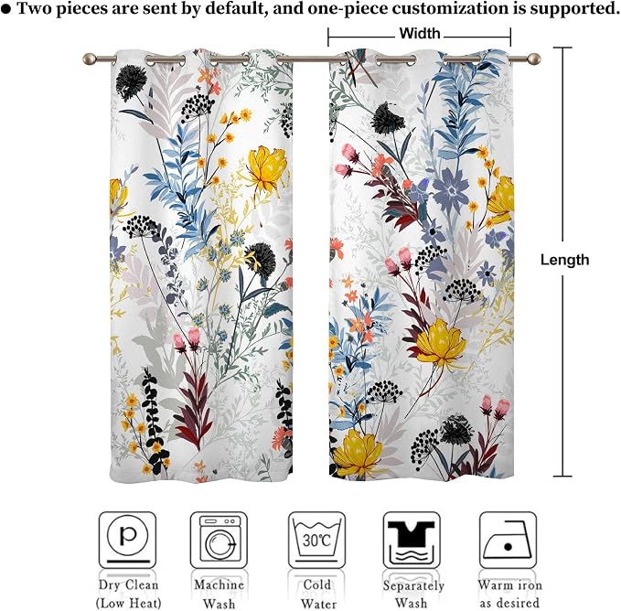 Renaiss Botanical Plants Blackout Curtains, Wild Flowers Plants Print Thermal Insulated Bedroom Window Curtains, Boho Floral Window Drapes for Living Room, 84" L x 42" W 2 Panel Set