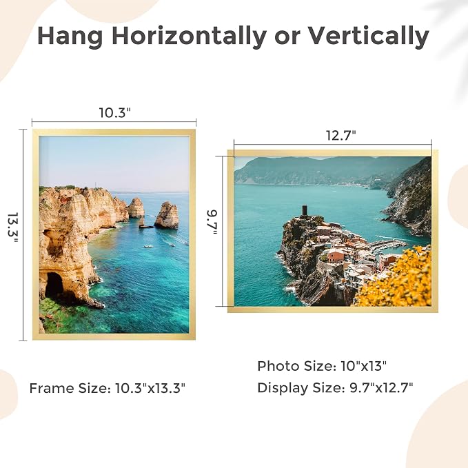 FLYJOE 10x13 Metal Picture Frame - Gold Aluminum Picture Frame with Real Glass, Wall Mounting Horizontally or Vertically, Simple and Elegant Decor for Wall Gallery Poster Photo 13x10 Frame, Gold