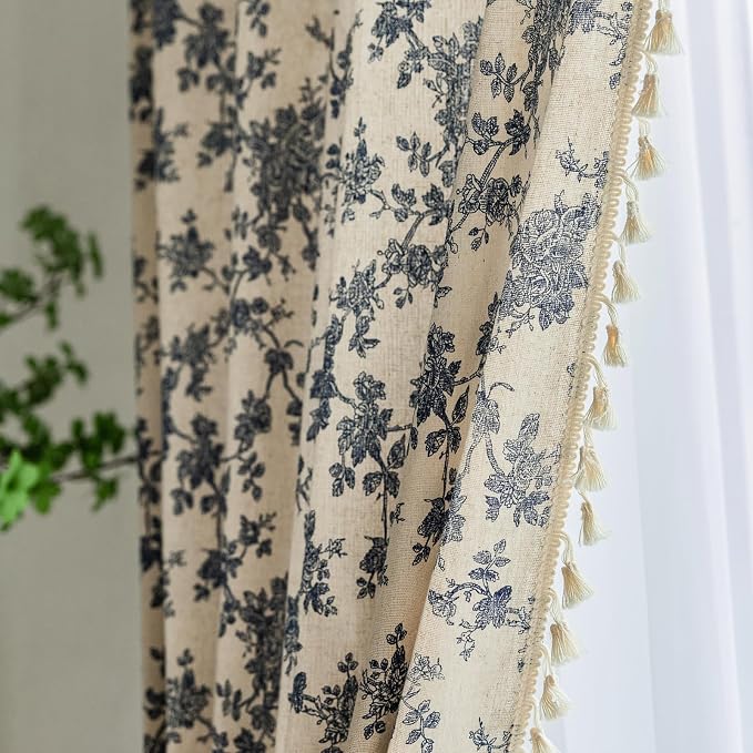 OYX Boho Blue Floral Curtains 84 Inch, Linen Farmhouse Toile Rose Drapes with Tassels, Light Filtering Semi Sheer Curtains for Living Room Bedroom, 2 Panels, Rod Pocket, 52Wx84L