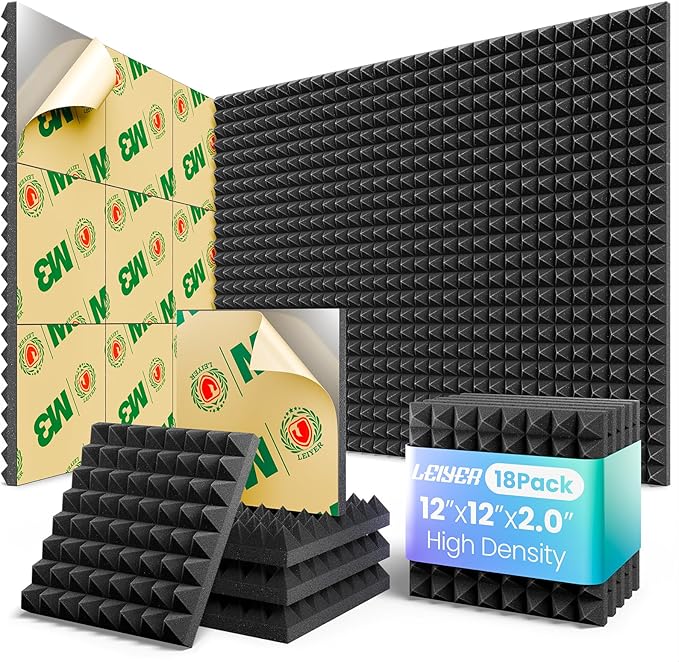 Acoustic Panels 18 pack Pyramid Self-Adhesive Upgrade,2"X12"X12" Sound Proof Foam Panels for Walls Quickly-Expand,Acoustic Wall Panels High Density Sound Absorbing for Gaming&Studio Decor,Black