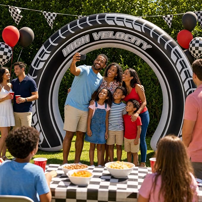 Jenaai 8ft Giant Car Tire Inflatable Arch Blow up Yard Decorations with Built-in LED Lights Car Tire Birthday Party Decor for Outdoor Garden Lawn Holiday Celebration