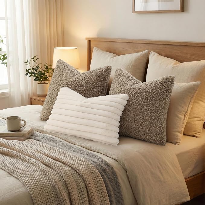 decorUhome Pack of 2 Throw Pillow Covers 26x26 Inch, Faux Fur Decorative Sherpa Pillow Covers Fuzzy Accent Soft Sheepskin Fleece Pillow Cases for Couch Living Room Bed, Khaki