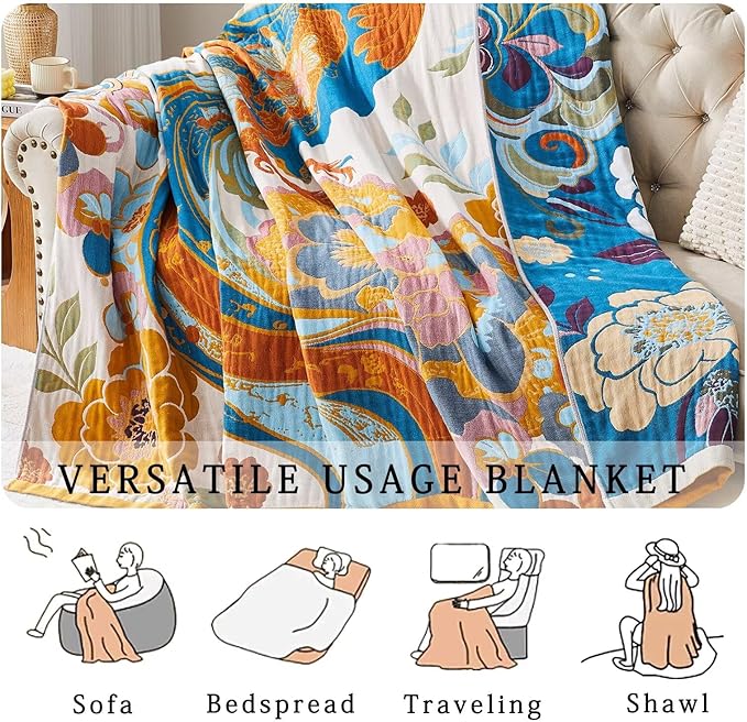 Boho Blanket Soft Muslin BohoThrow Blanket, 100% Cotton Floral Printed Farmhouse Decor All Season Reversible Rustic Throw for Sofa Couch Chair (60"x80")