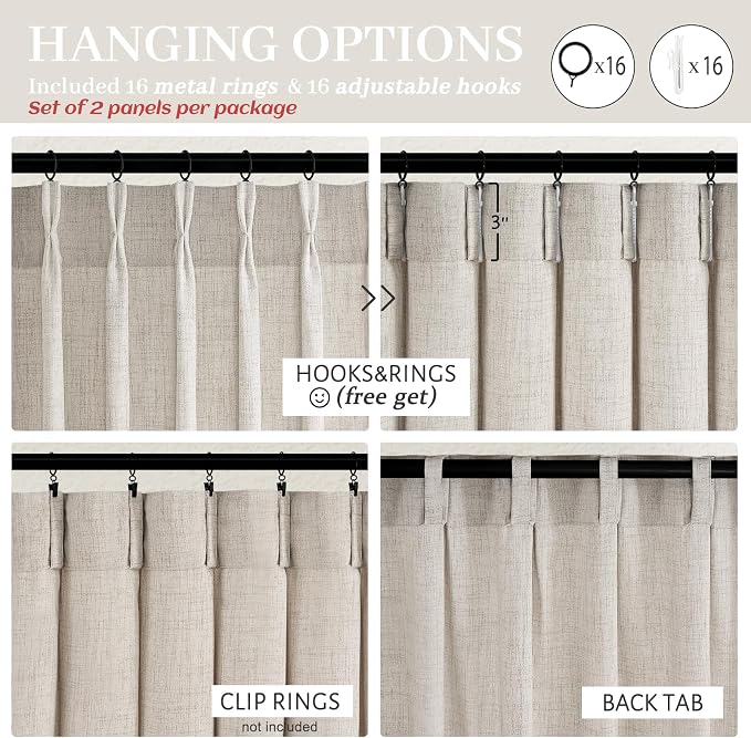 Semi Sheer Natural Linen Greyish Brown Curtains 86 Inches Long 2 Panels Set for Dining Room, Memory Trained Pinch Pleated Light Filtering Privacy Non See Through 84-86 Inch Textured Windows Drapes