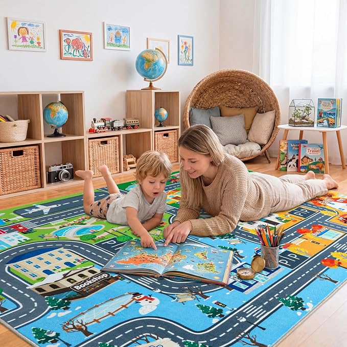 Car Rug Play Mat for Kids Toy Cars, 8' x 10' City Road Town Track Four Seasons Traffic Carpet, Non-Slip Washable Area Rug for Kids Room Bedroom Classroom Play Area, Fun Learning Carpet for Children