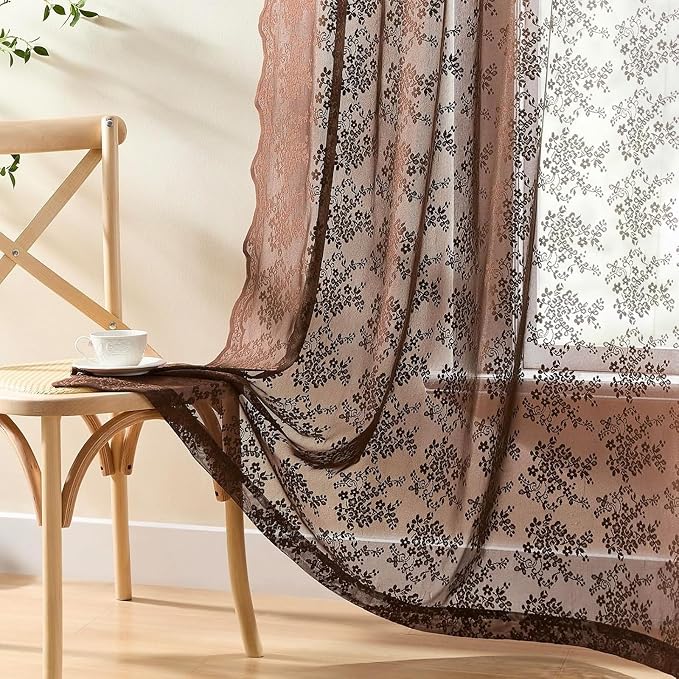 YJ YANJUN Vintage Lace Curtains 90 Inches Long-Victorian Floral Boho Brown Sheer Curtains for Living Room Bedroom, Light-Filtering Rustic Farmhouse Window Treatment, Chocolate 2 Panels 52W x 90L