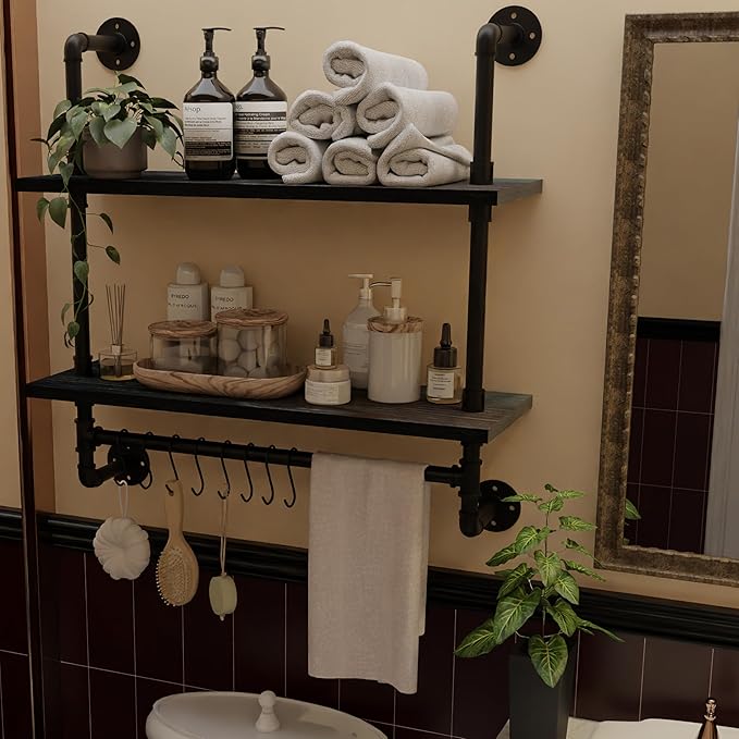 Industrial Pipe Bathroom Shelves Shelving 24" Black Floating Shelves | For Bathroom with Towel Bar Hooks,Kitchen Wall Mounted Shelves Coffee Bar Shelf for Living Room Bedroom