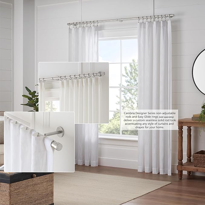 MODE Cambria® Designer Series - Premium 9 foot Custom Curtain Rod - 1-1/8 inch Large Diameter - Non-Adjustable for a Seamless Look - Premium Designer Brackets and End Caps - Brushed Nickel Finish