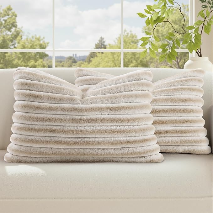 decorUhome Fall Cozy Faux Fur Throw Pillow Covers 12x20 Set of 2 Decorative Soft Plush Striped Lumbar Modern Farmhouse Boho Couch Pillow Cases with Velvet Back for Sofa Bed Living Room, Beige White