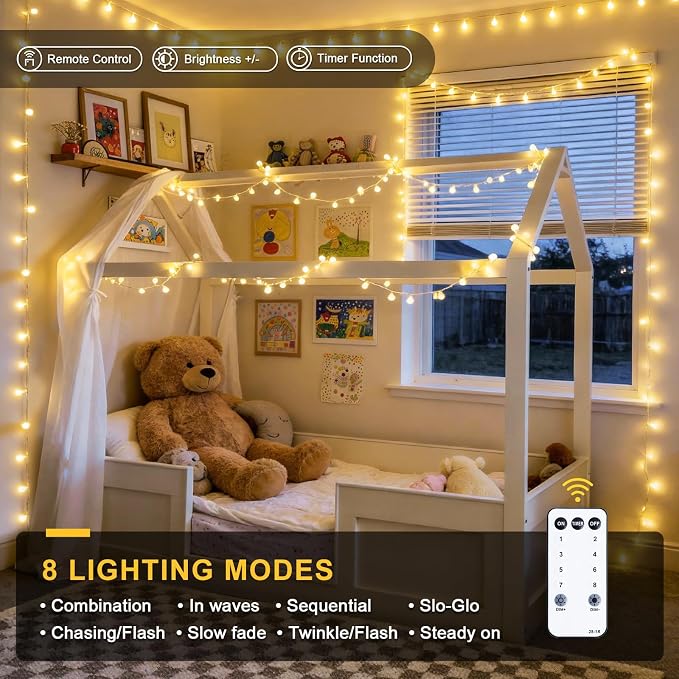 147ft 300 LED 8 Modes Globe String Lights Outdoor Waterproof with Remote | Indoor Christmas Lights Plug in, Hanging Fairy Light for Bedroom Holiday Party Patio Garden Christmas Decorations, Warm White