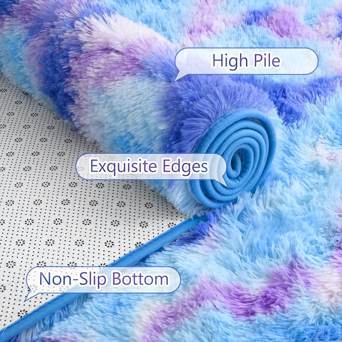 AROGAN Soft Rainbow Area Rugs for Girls Room 4x6 Feet, Fluffy Cute Colorful Princess Carpet for Kids Teens Nursery Toddler Dorm Bedroom Classroom, Blue and Purple