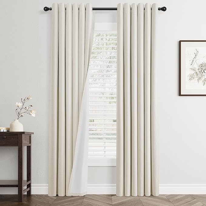 Jowels Cream Linen Blackout Curtains for Bedroom with White Liner, Thick Layers Total Blackout Thermal Insulated Grommet Window Curtains 80 Inch Length 2 Panels Set (42 x 80 Inch)