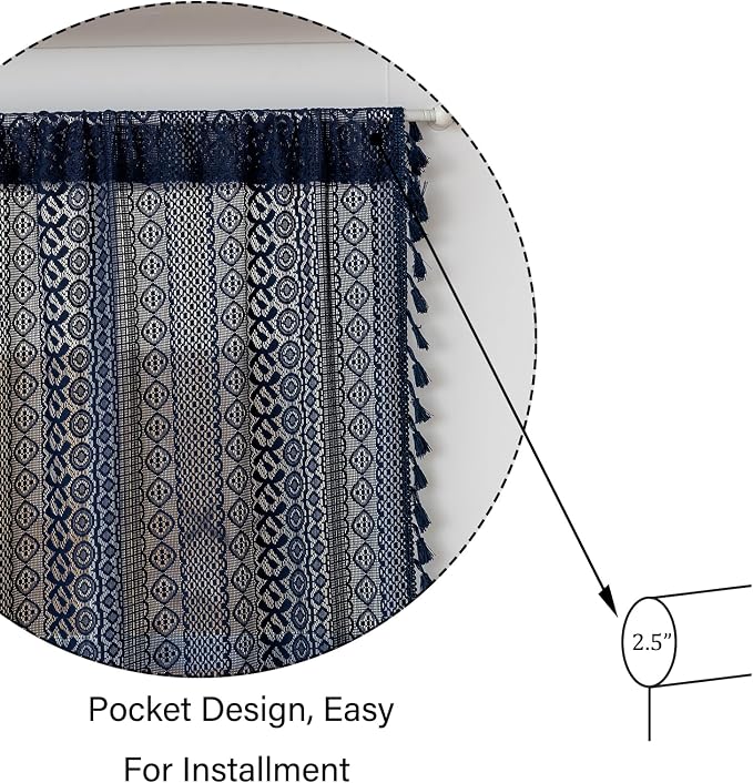 Sutuo Home Navy Blue French Door Curtains for Door Window 72 Inch Length 2 Panels, Farmhouse Semi Sheer Bohemian Tassels Vintage Privacy Drapes Decor for Patio & Sidelights, Rod Pocket 25" W x 72" L