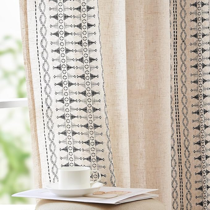 jinchan Boho Curtains Embroidered Linen Blend Window Curtains for Bedroom, Drapes 84 Inch Length 2 Panels Set, Geometry Grommet Bohemian Window Treatments Set for Living Room Black on Beige