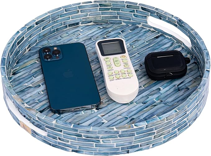PEMAR 12.6” Mother of Pearls Lacquer Inlaid Round Serving Tray with Handles, Round Decorative Nacred Wooden Ottoman Coffee Table Tray (Blue Tiles)