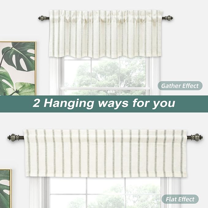 DriftAway Farmhouse Linen Lined Valance Double Layer Thermal Insulated Room Darkening Blackout Window Valances 3 Inch Rod Pocket Vertical Striped Kitchen Valance Single 52 Inch by 14 Inch Loden Green
